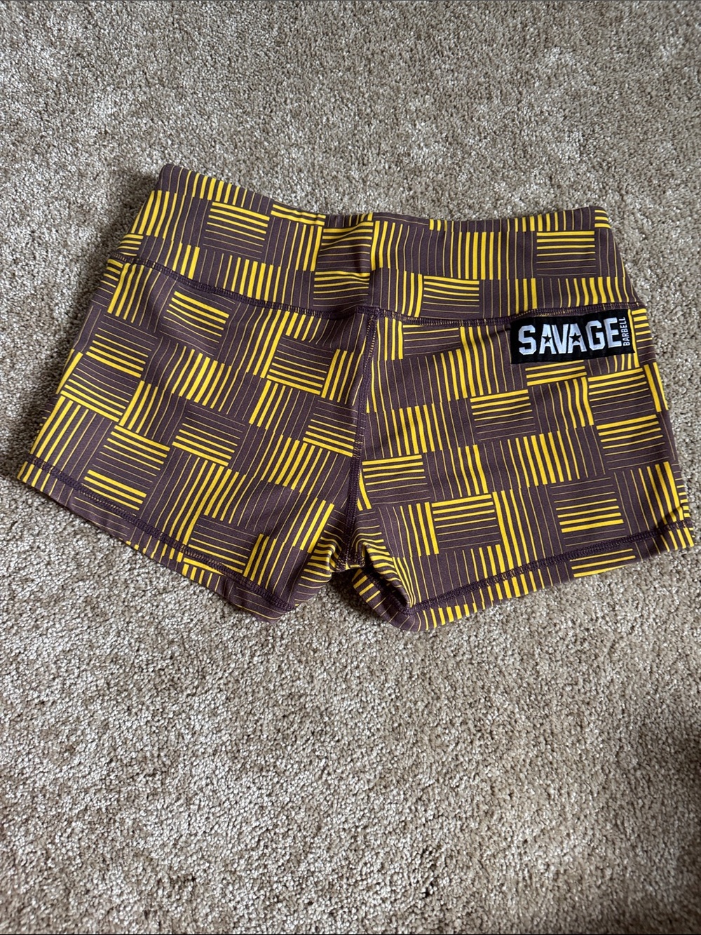 Savage Barbell Brown & Yellow Geometric Active Shorts